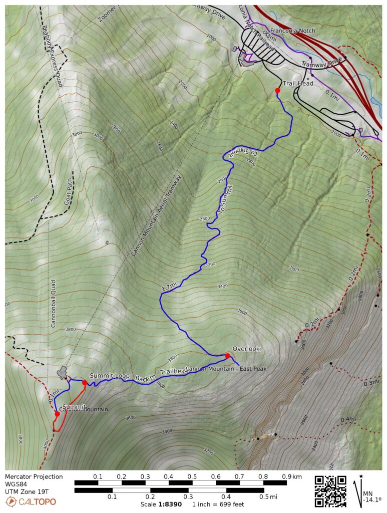 Topographic map with line showing hiking trail