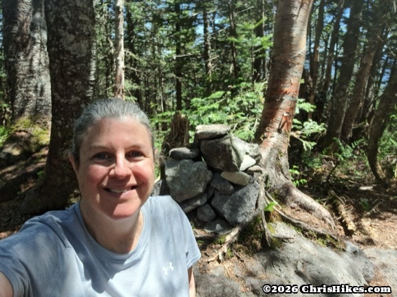 woman in front of a pile of rocks in the woods