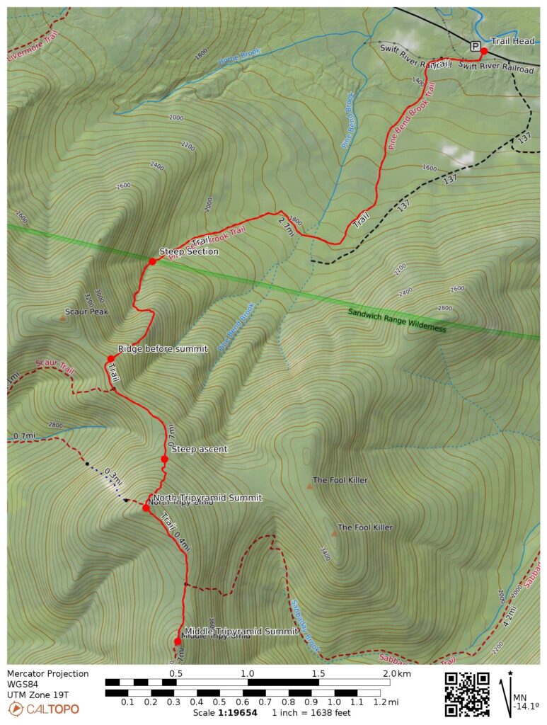Topographic map of hike to Tripyramids