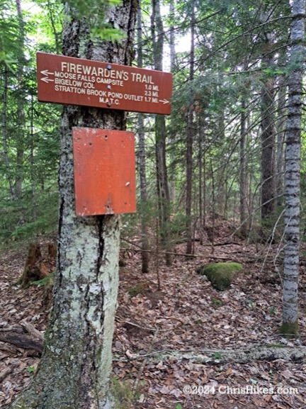 Firewarden's trail sign mounted on a tree in the woods