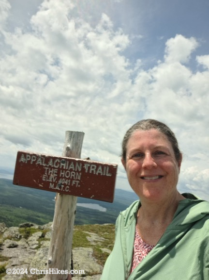 Photograph of person standing next to The Horn summit sign