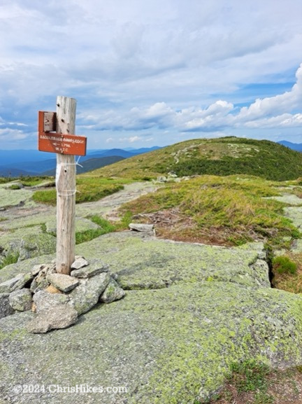 Photograph of trail junction sign and Saddleback Mountain