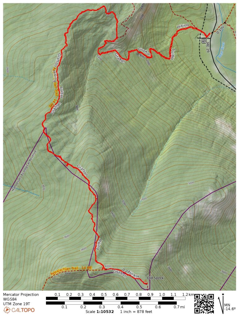 Topographic map of trail from Grafton Notch to Old Speck