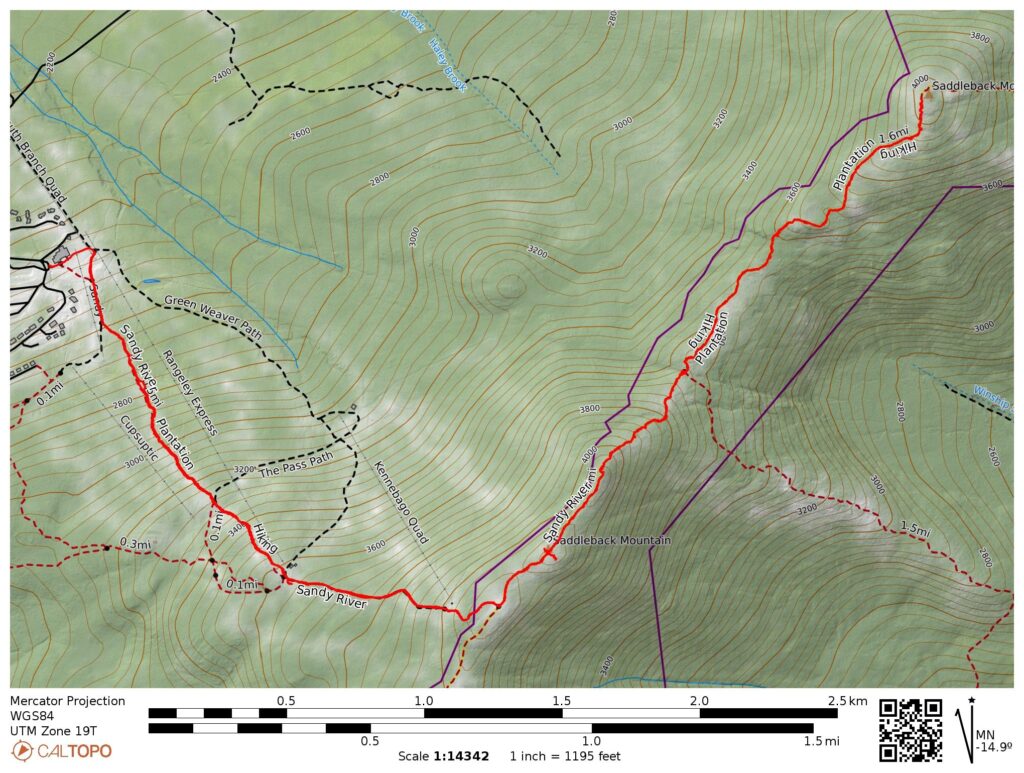 Topographic map of hiking route for Saddleback and The Horn