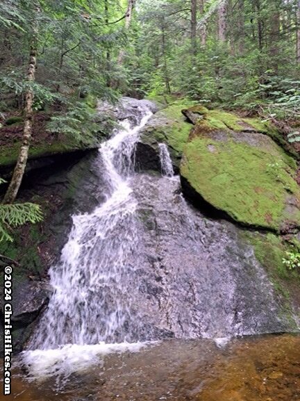 photograph of water falling down smooth, mossy rock