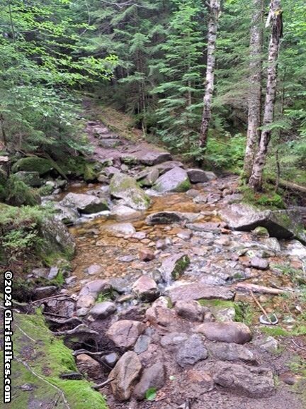 photograph of hiking trail crossing small, rocky stream