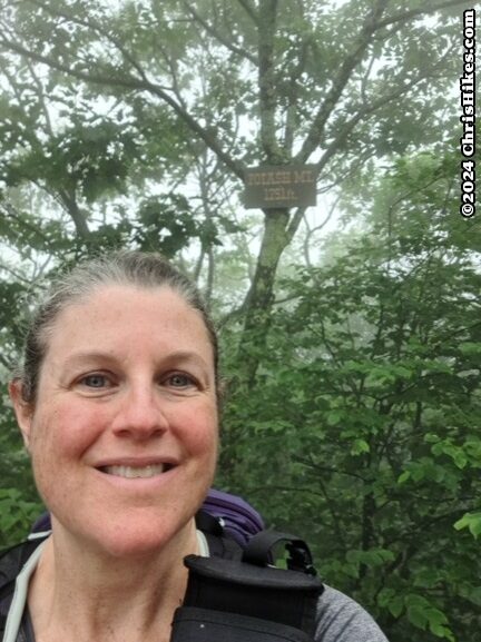 photograph of person with mountain summit sign in background